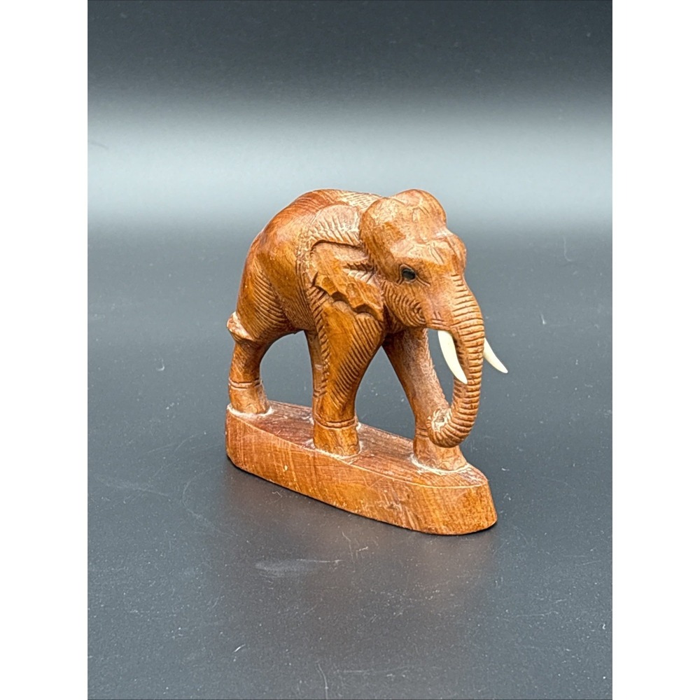 Vintage Hand Carved Teak Wood Elephant Firugrine Faux Tusks Lucky Trunk Down